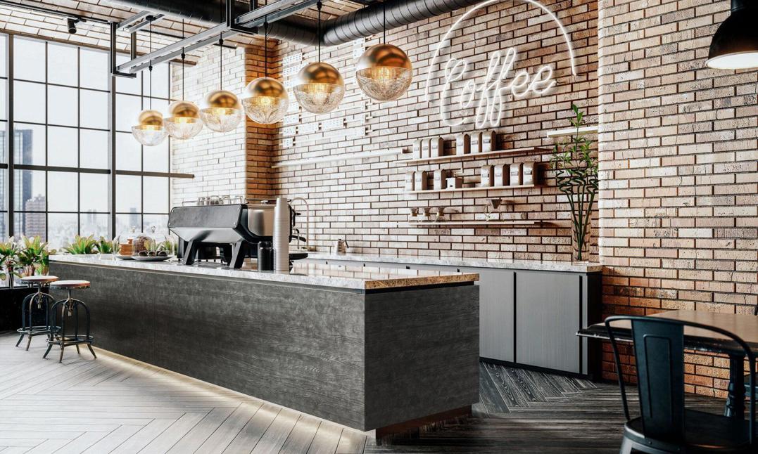 Et råt køkken i New Yorker look med SL DAKOTA CLASSY Black overfladen fra SIBU Design på Køkken ø*en, som står råt til de rå sandfarvede mursten. 